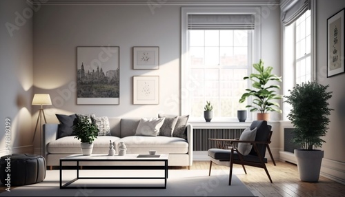A modern and minimalist living room, with clean and simple furniture arranged in a functional and stylish way, rendered in bright and  natural lighting to create a warm and welcoming atmosphere © xdxddx