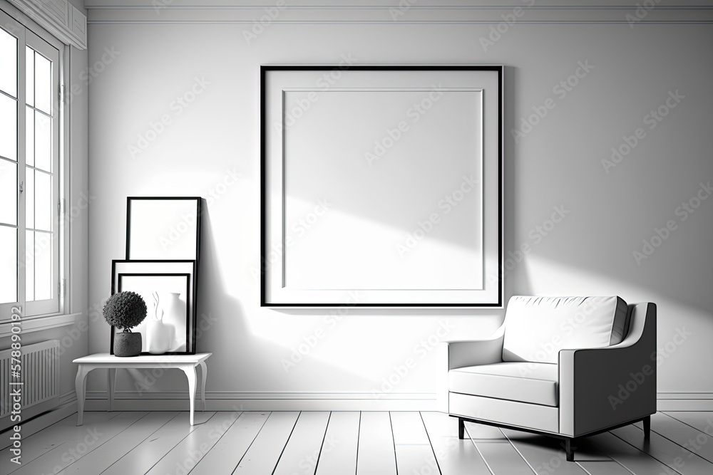 White mock up frame in a spacious, uncluttered living room. Generative AI White mock up frame in a spacious, uncluttered living room. Generative AI