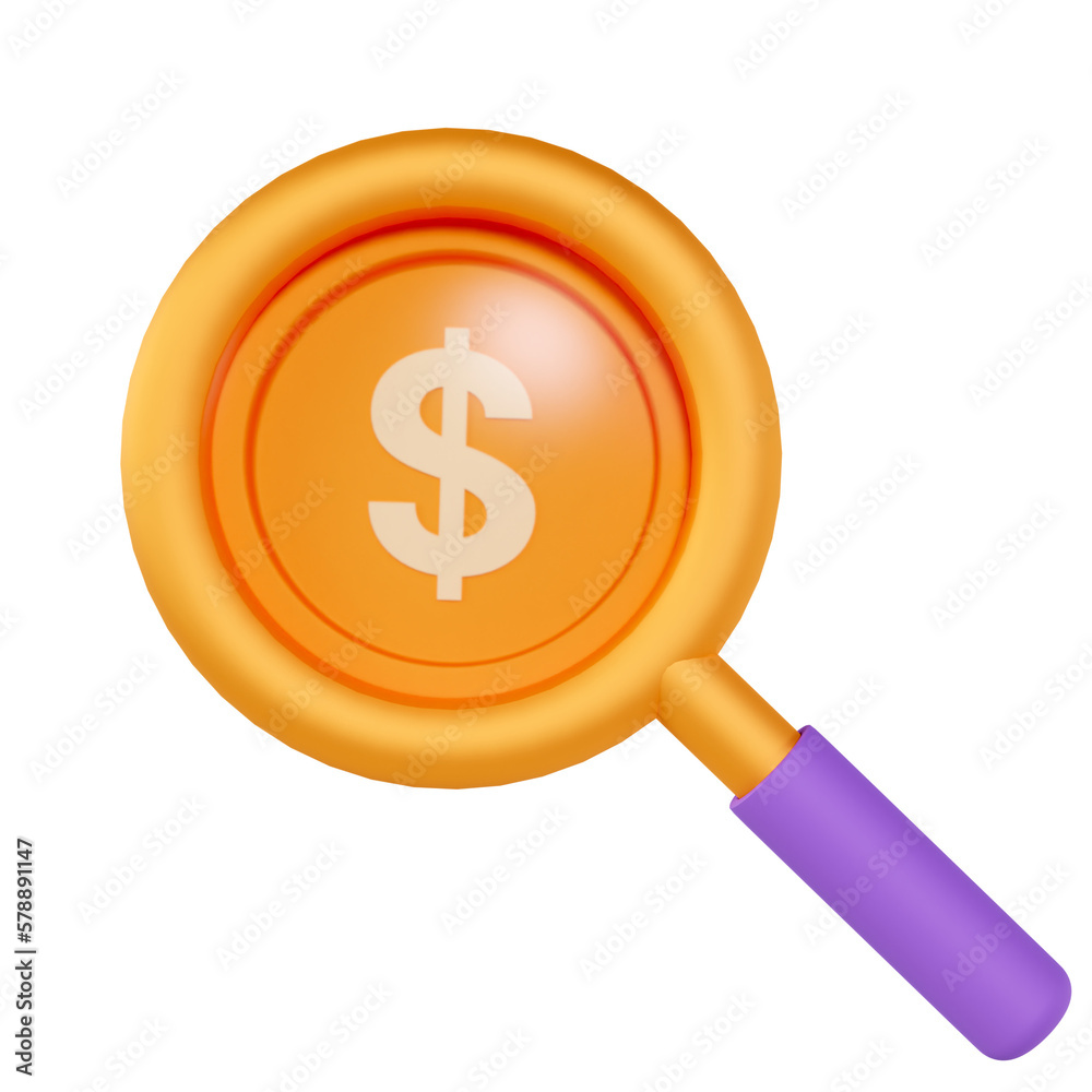 3D Illustration of glass magnifying and Coin with dollar symbols, Concept of Trading, Financial and Business 3D Illustration of glass magnifying and Coin with dollar symbols, Concept of Trading, Financial and Business