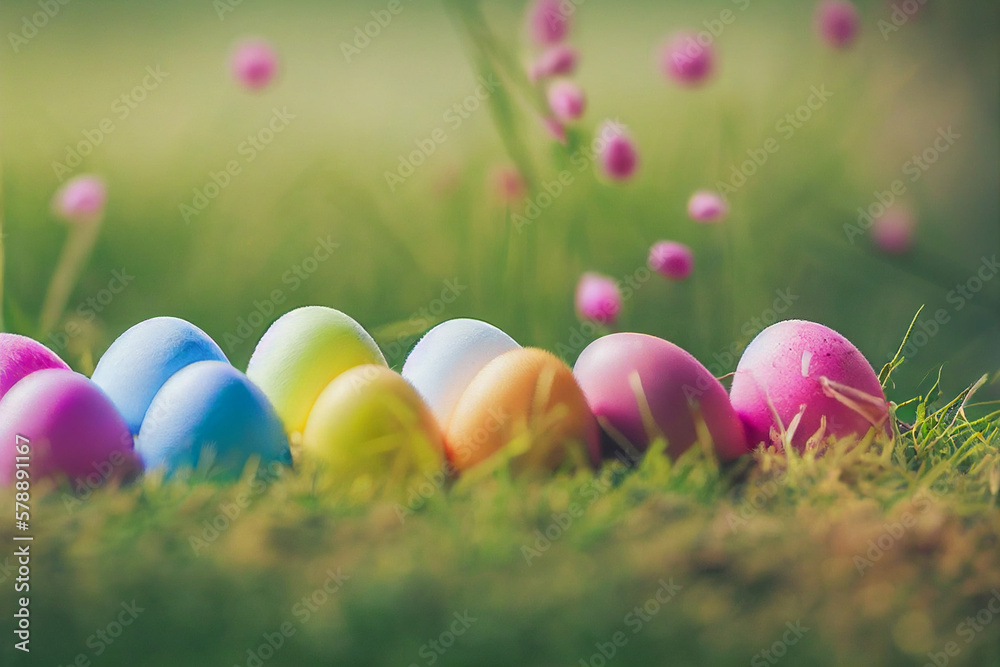 colorful Easter painted eggs on a colorful meadow on Easter holiday, generative AI