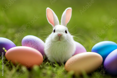 Easter bunny with colorful Easter painted eggs in a colorful meadow on Easter holiday, generative AI