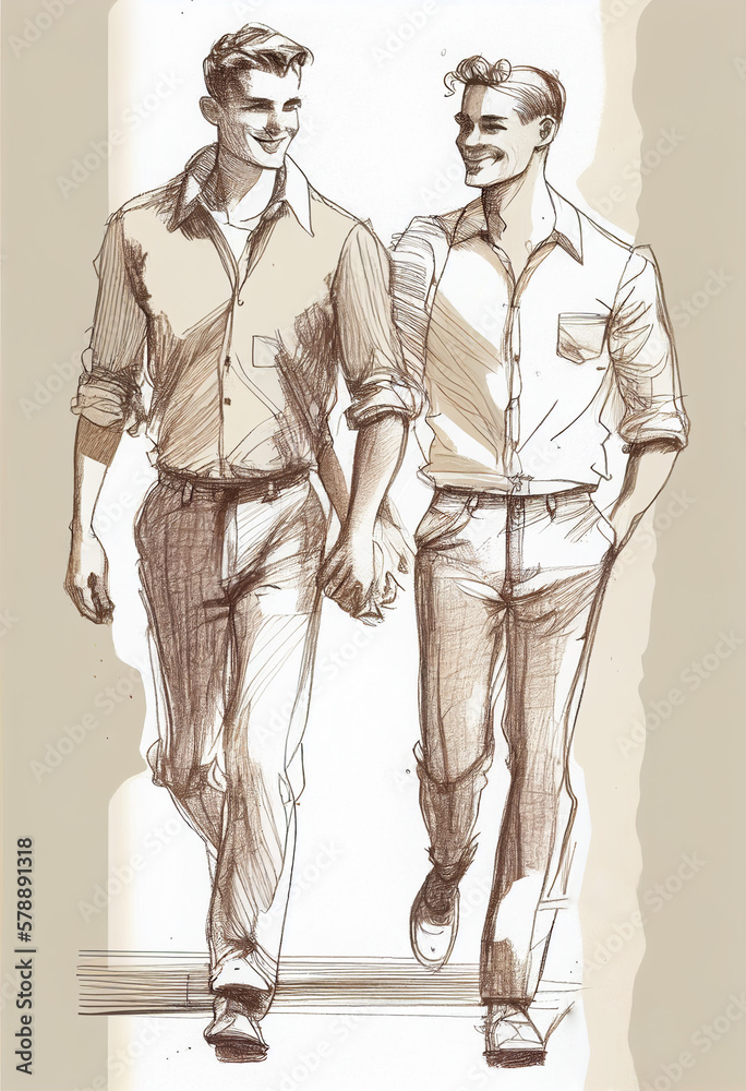 sketch of happy smiling gay couple holding hands, pride & proud, lgbt, generative AI sketch of happy smiling gay couple holding hands, pride & proud, lgbt, generative AI