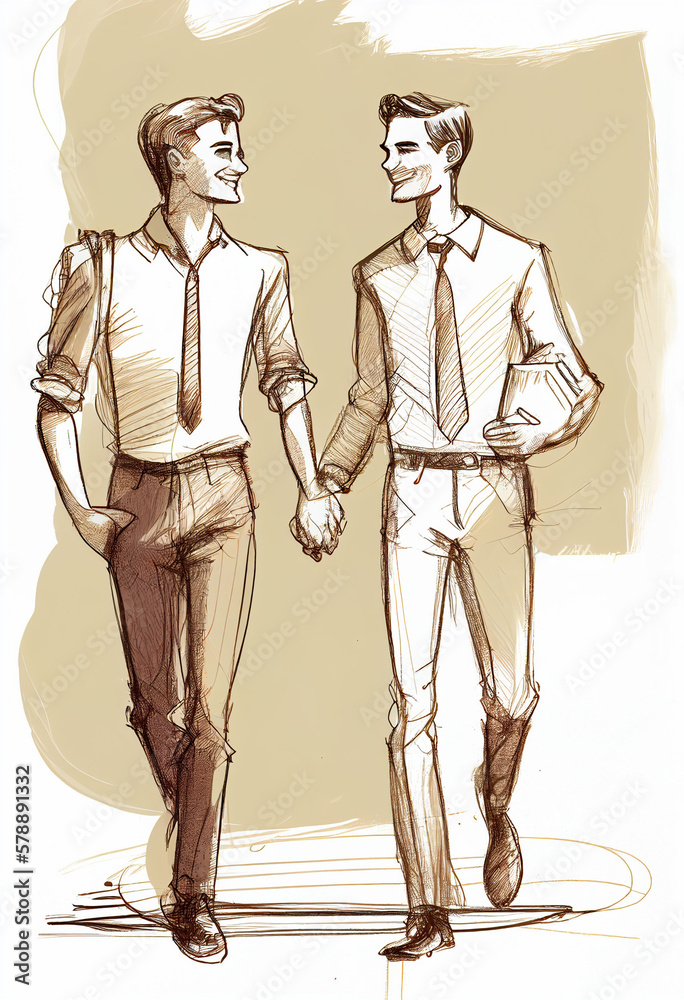 sketch of happy smiling gay couple holding hands, pride & proud, lgbt, generative AI