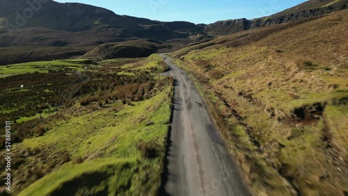 Flying over deserted Highland road through the Quiraing at the Trotternish Ridge Isle of Skye Scotland photo
