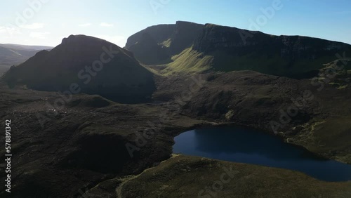 Higher rise up showing Loch Cleat and Quiraing rock formations at the Trotternish Ridge Isle of Skye Scotland photo
