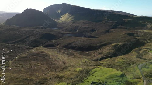 High level view of Quiraing rock formations and Lochs at the Trotternish Ridge Isle of Skye Scotland photo