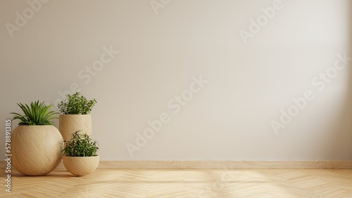 Wall mockup with plant set on wooden flooring.