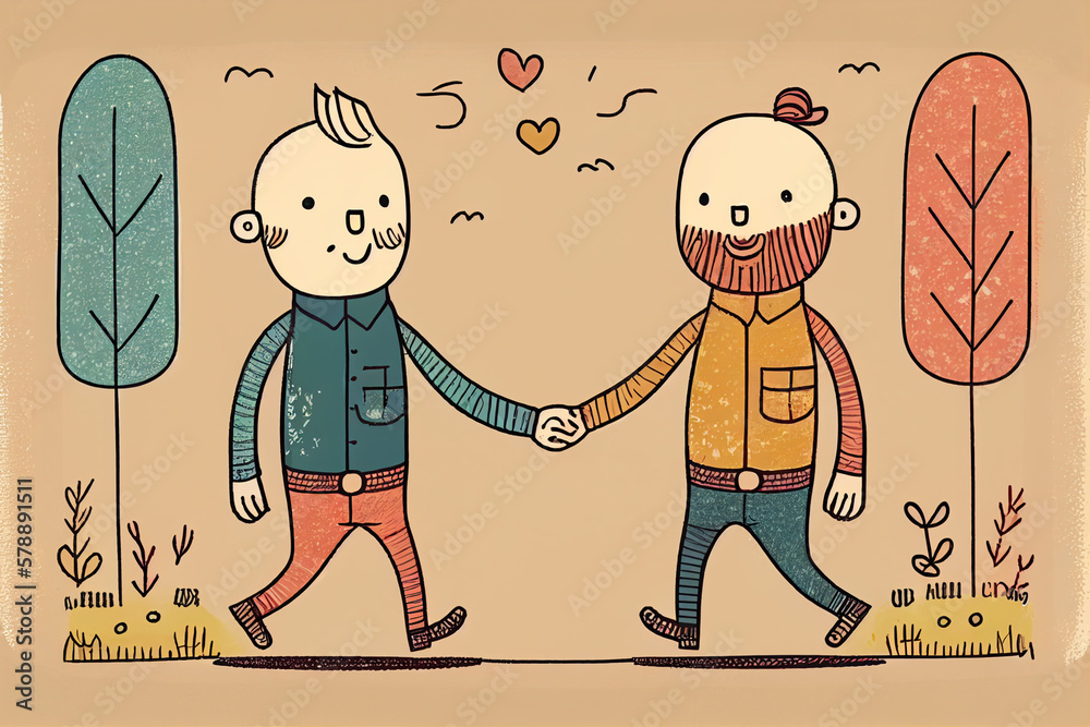 colorful illustration of happy smiling gay couple holding hands, pride & proud, lgbt, generative AI - obrazy, fototapety, plakaty 