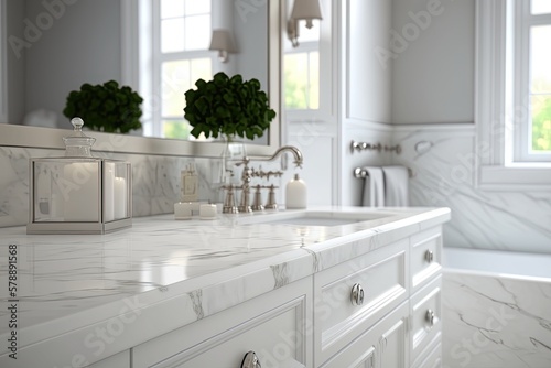 Empty white marble bathroom countertop in a contemporary setting  with a blurred background of a bright  elegant bathroom. Generative AI