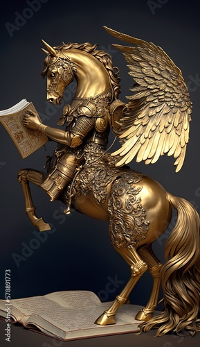 An armor wearing, gilded, unicorn Pegasus reading a book (generative ai)