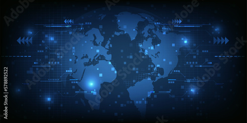 Vector illustrations of hologram globe floating on futuristic neon ring and futuristic digital element around.Future tech and digital tech design concepts.