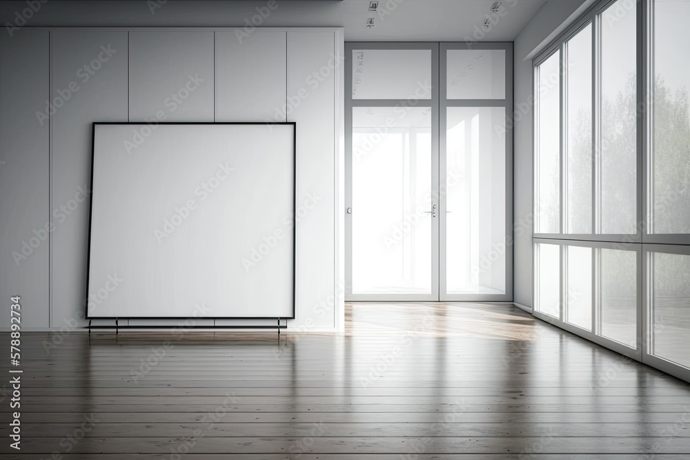Empty white mock billboard in a contemporary workplace with glass doors, wooden floors, and modern furnishings. Design and architectural theory. Generative AI