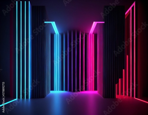 Futuristic wallpaper with black background. 3D rendering  vertical pink blue neon lines  glow in the dark  Ultraviolet spectrum.  Generative AI