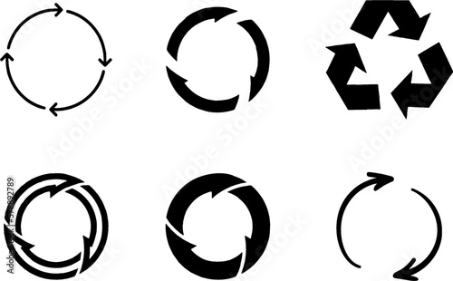 Recycle symbols set in shapes and styles for products and printing. Editable vector, easy to change color or size and reuse. Business logo and badges idea. eps 10.