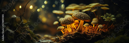 Glowing fantasy mushroom in magical enchanted fairy tale forest, banner size, generative AI.