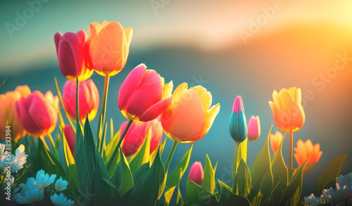 Red and yellow tulips in the rays of dawn. AI generated