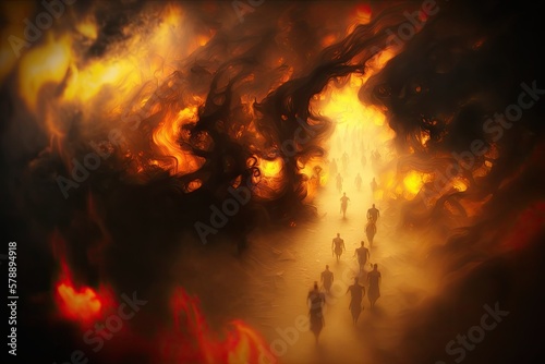 The metaphor of a hell inferno, as souls descend into the afterlife in a blur of flame and smoke. Generative AI