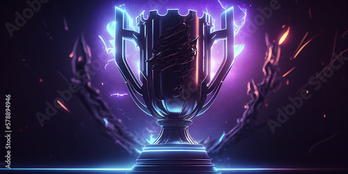 Winner trophy on futuristic view of night sky filled with advanced technology neon lights. Generative AI.
