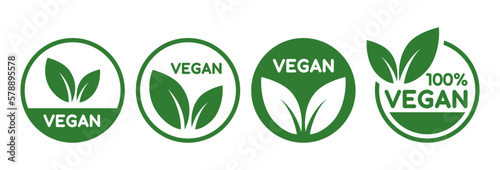 Vegan food icon set badge sign. Bio, Ecology, Organic logos and badges, label, tag. Green leaf on white background. Vector illustration.