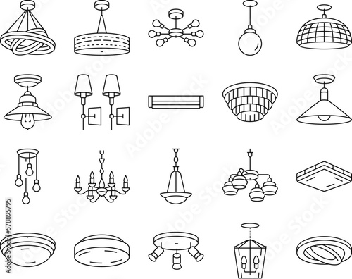 lamp ceiling light interior home icons set vector