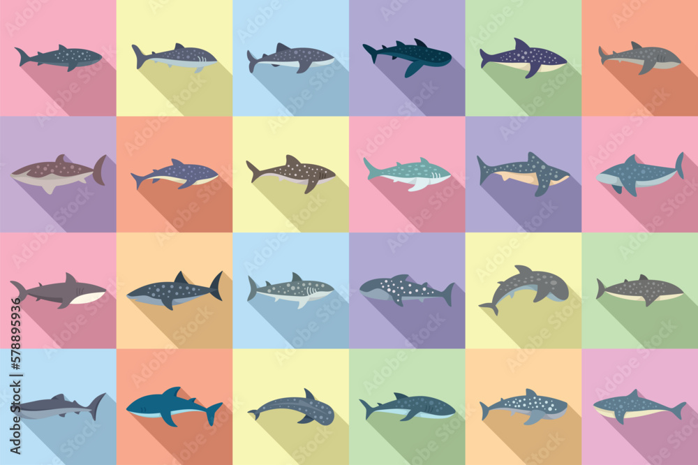 Whale shark icons set flat vector. Fish animal. Exotic mammal Whale shark icons set flat vector. Fish animal. Exotic mammal