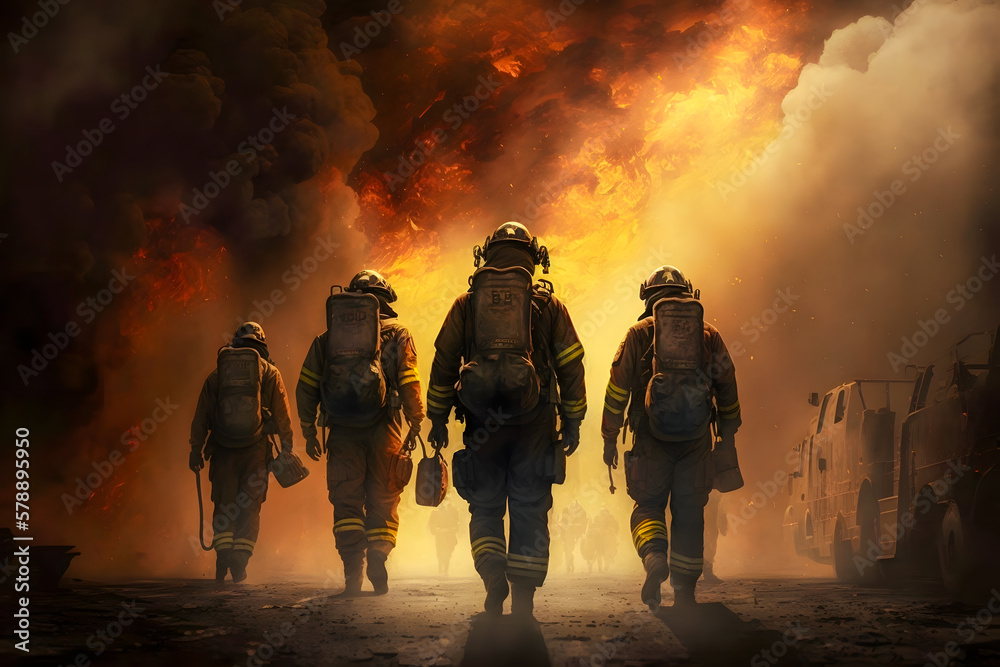 Firefighters fighting against smoke and blaze. Generative AI