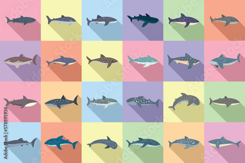 Whale shark icons set flat vector. Fish animal. Exotic mammal