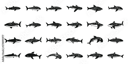 Whale shark icons set simple vector. Fish animal. Exotic mammal