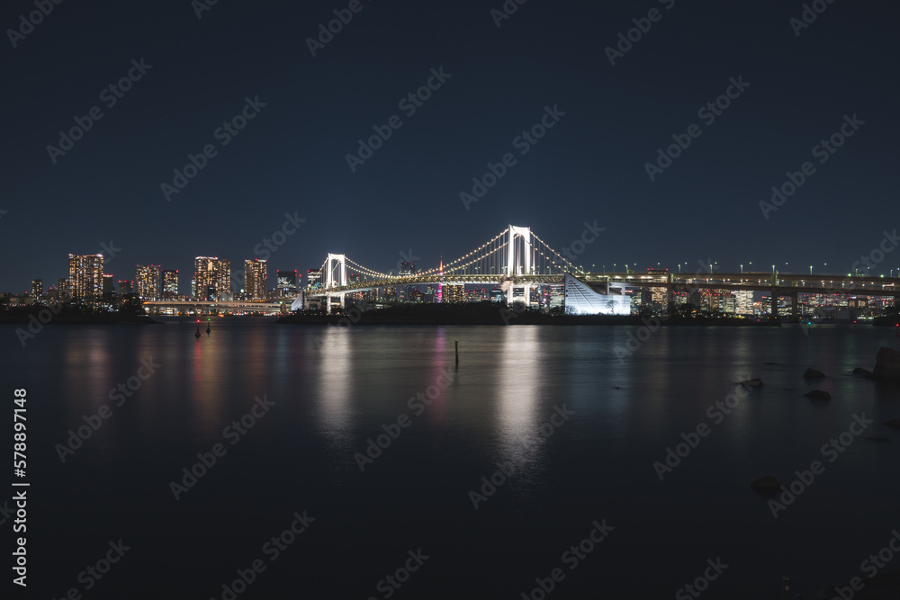 Beautiful View of Tokyo Bay Suspension Bridge at Night in Tokyo, Japan