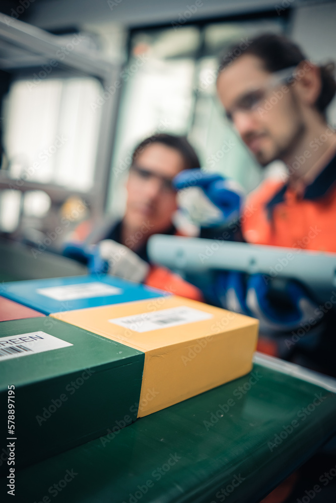 Fototapeta premium Multiracial tachnicial engineer training with robot arm