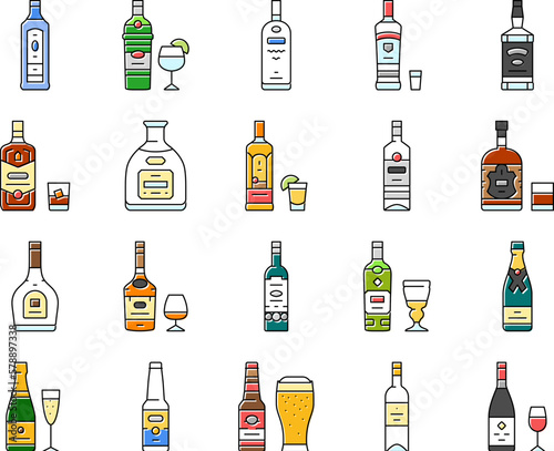 alcohol bottle glass drink bar icons set vector