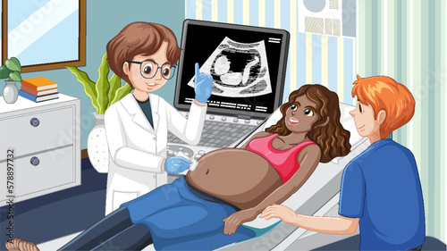 Doctor doing ultrasound scan for pregnant woman in hospital