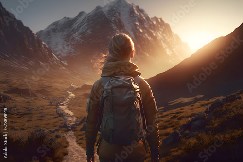 Young woman backpacker enjoy the view at mountain. Generative AI