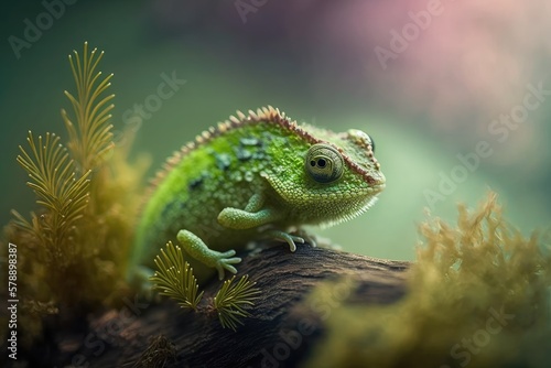Baby green chameleon, captured in a stunning natural setting captured in macro. Generative AI
