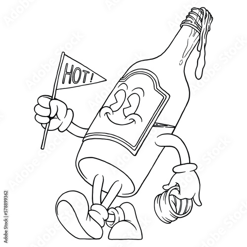 coloring illustration of walking sauce bottle mascot