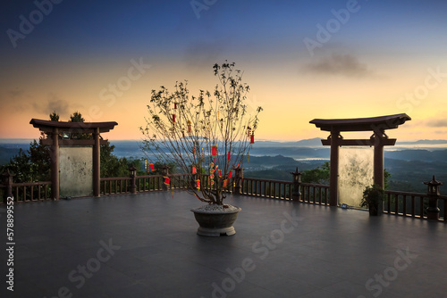 The magical dawn on the pagoda, surrounded by dew and magical light of Temple 
