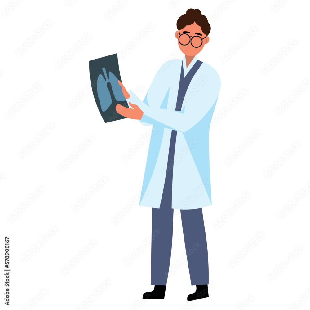 Male doctor with x-ray lungs scan on white background