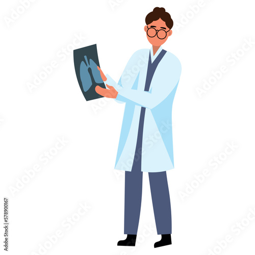 Male doctor with x-ray lungs scan on white background