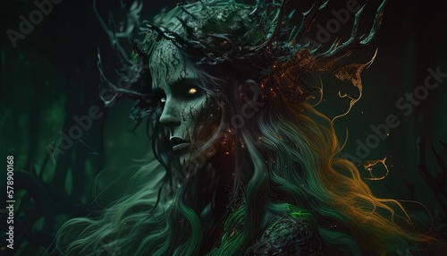 wendigo witch with long flowing hair digital art illustration, Generative AI