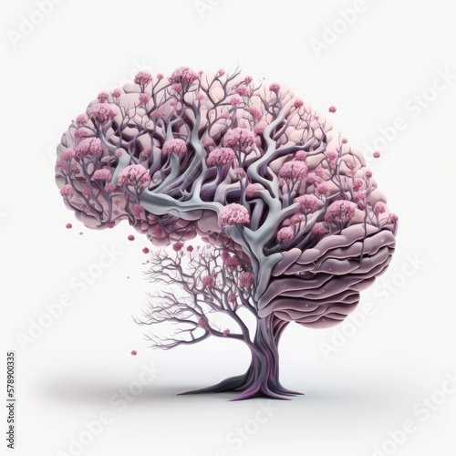 Floral brain tree, Epilepsy and Alzheimer awareness, mental health, brainstorming concept, created with Generative AI
