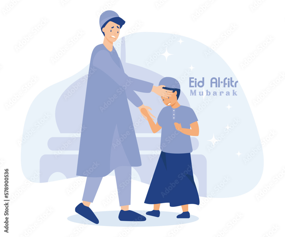 Ramadan kareem mubarak happy moslem family celebrating eid al fitr to all muslim, flat vector modern illustration Ramadan kareem mubarak happy moslem family celebrating eid al fitr to all muslim, flat vector modern illustration