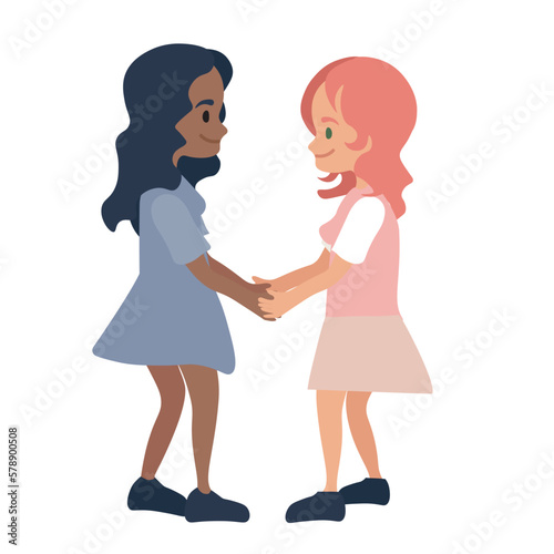  Homosexual couple of two enamored girls of different race. Multiracial love partners. Valentine Day. Gay girlfriends. Flat vector Illustration isolated on white background.