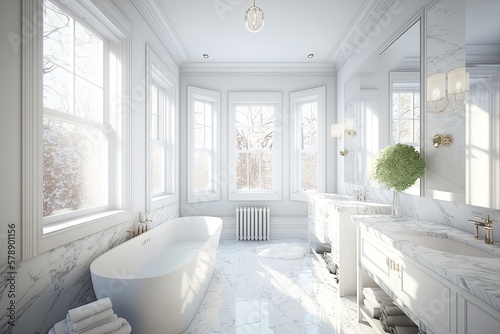Spa like bathroom decked out in pristine white marble, Large windows let in plenty of daylight and complement the room's oak floors and white tile walls. Generative AI