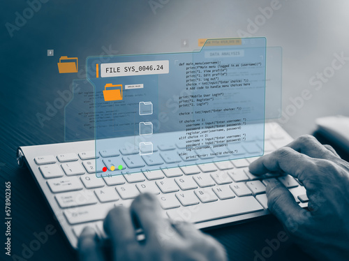 Software developer or programmer coding program with laptop. Create Intelligence innovation. Computer programming, development software engineer and architecture, digital data technology management,