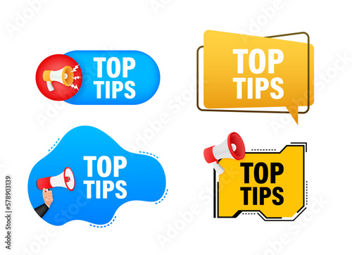 Megaphone label set with text Top tips. Megaphone in hand promotion banner. Marketing and advertising