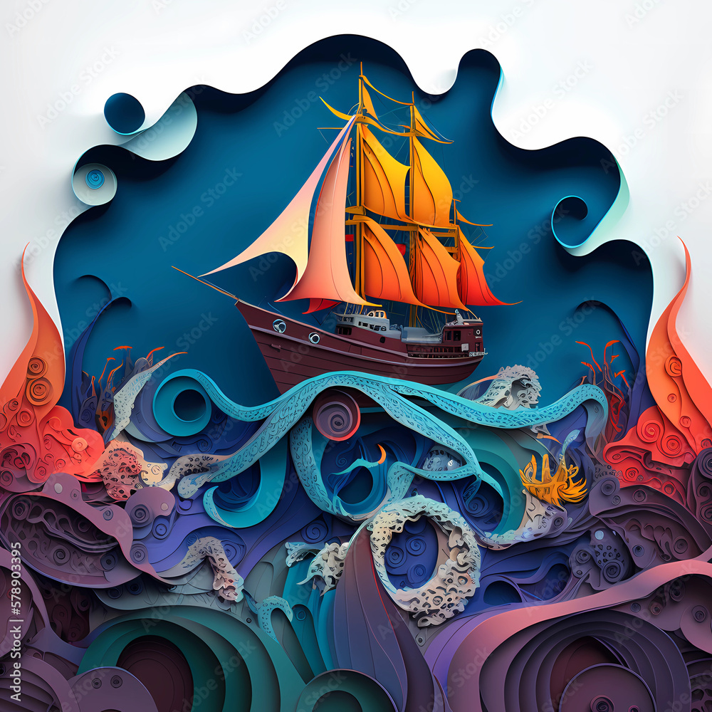 Navigating Through Cinematic Waters: A Stunning Paper Cut Art Illustration of a Boat | AI Generative