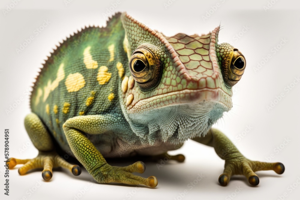 Obraz premium Adorable chameleon on a white backdrop. Generative AI