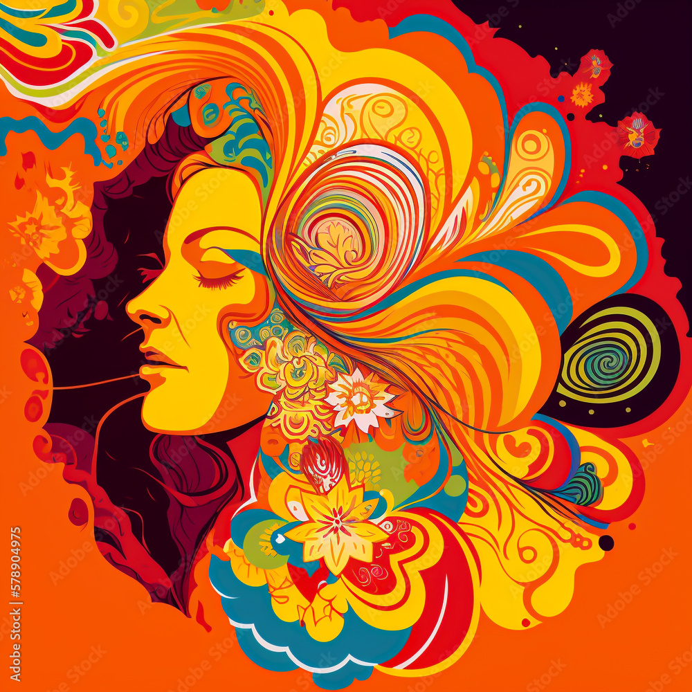 An illustration of a woman with flowers in her hair, wearing a colorful tie-dye shirt and bell-bottoms, surrounded by swirling psychedelic patterns. Generative AI.