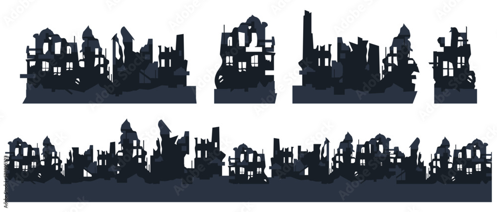 War destroyed the buildings of the city. Ruins set illustration. Vector EPS 10
