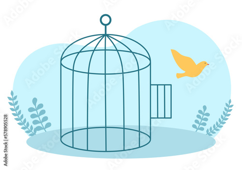 Bird flying from the cage in flat design. Birdcage freedom.